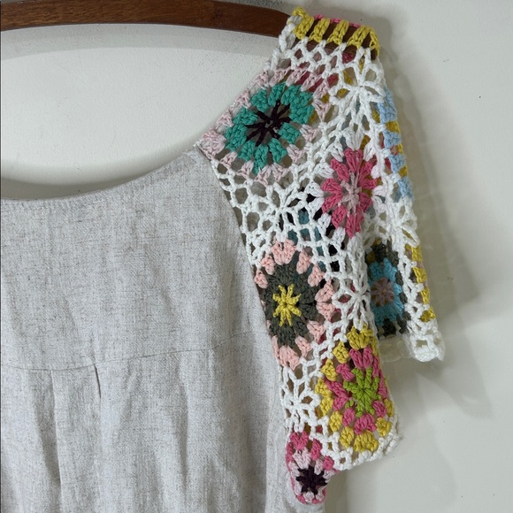 UMGEE Frayed Hem Linen Blend Colorful Crochet Sleeve Boho Tunic Top Size Small - Picture 11 of 14
